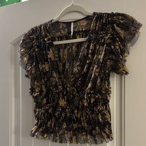 Free People Black and Gold Floral Blouse